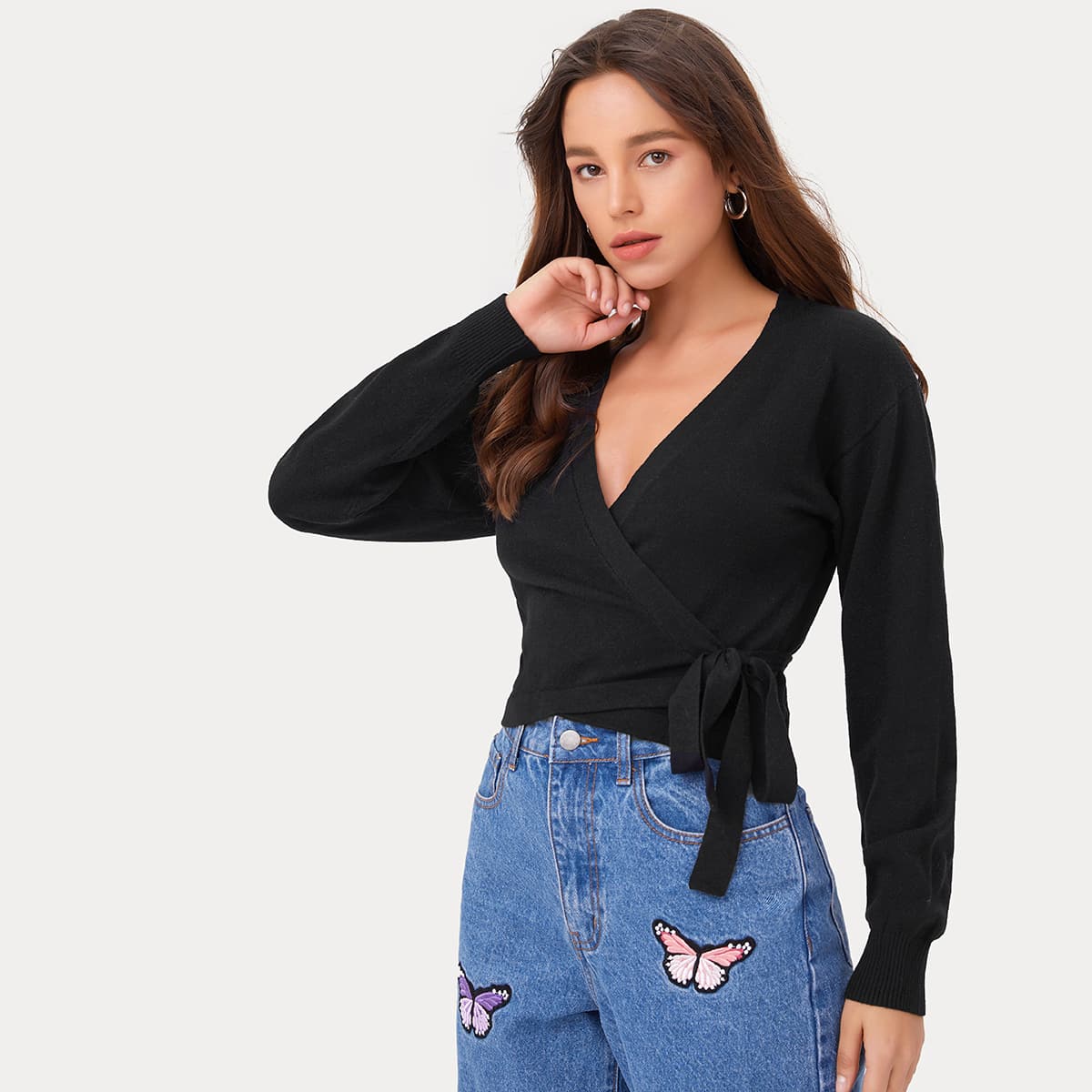

Solid Knot Side Wrap Cardigan, Black