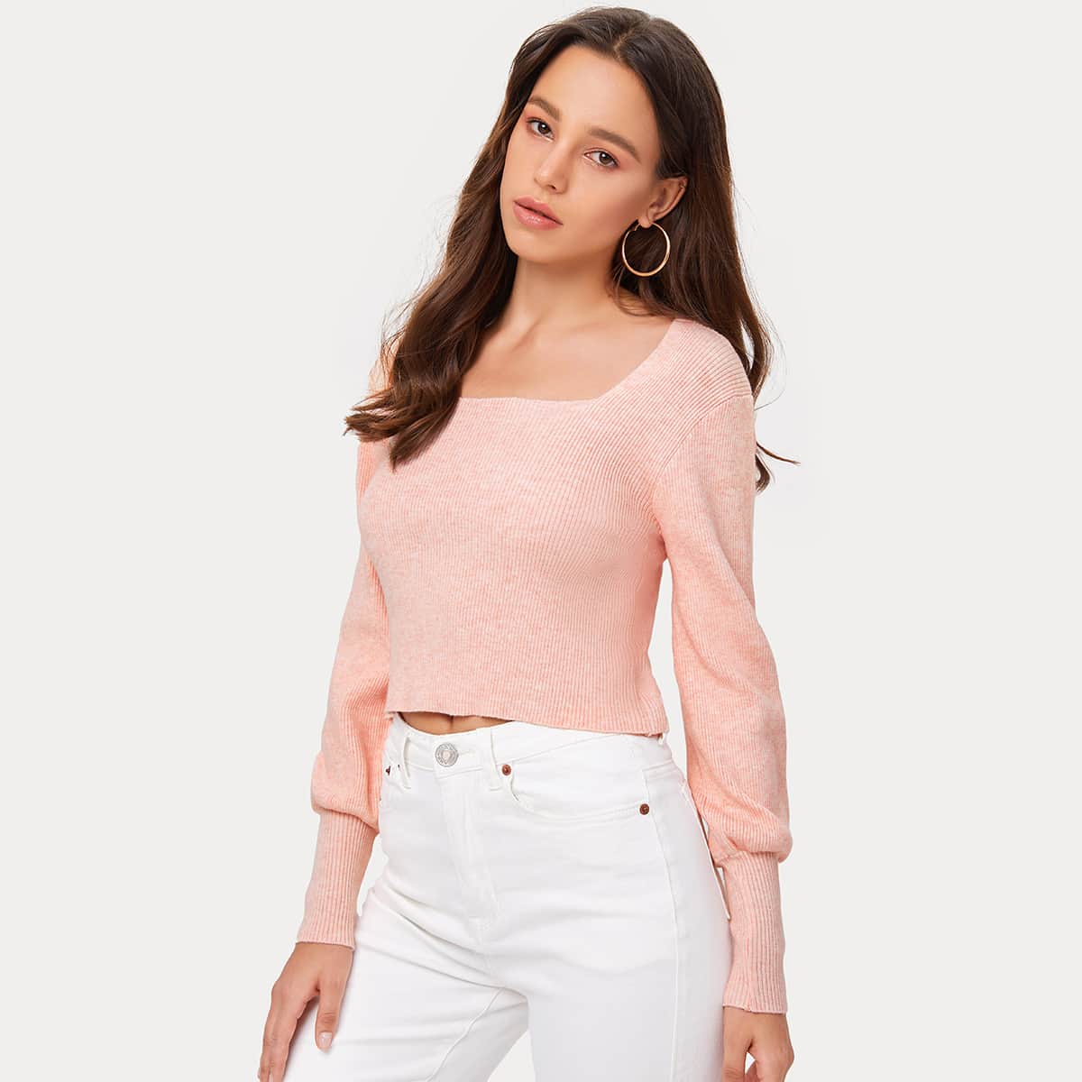 

Square Neck Ribbed Knit Sweater, Baby pink