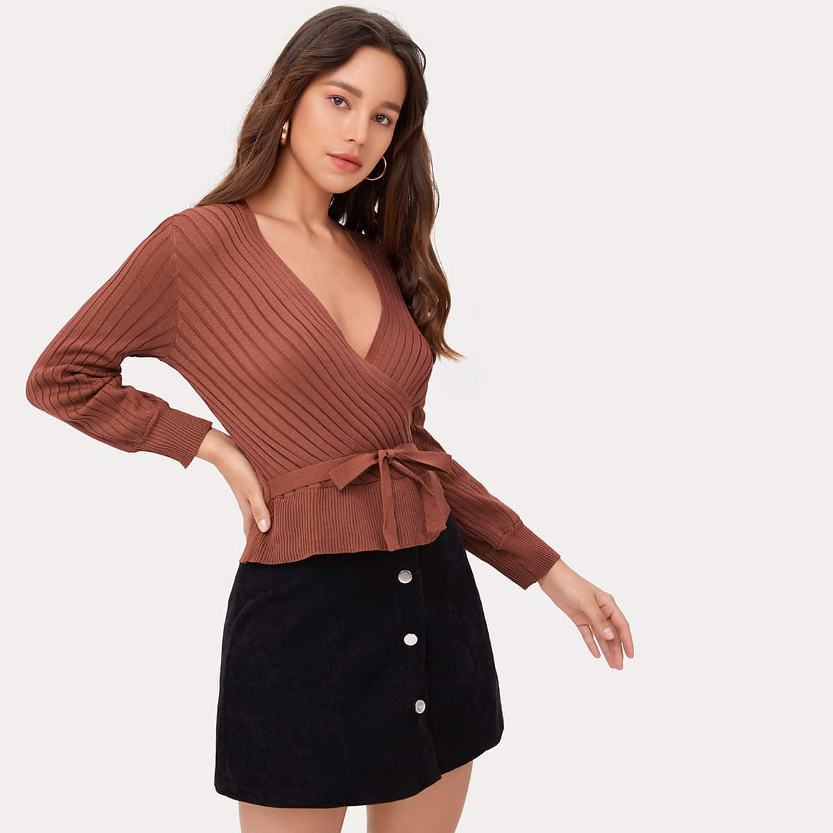 

Surplice Neck Tie Front Solid Sweater, Redwood