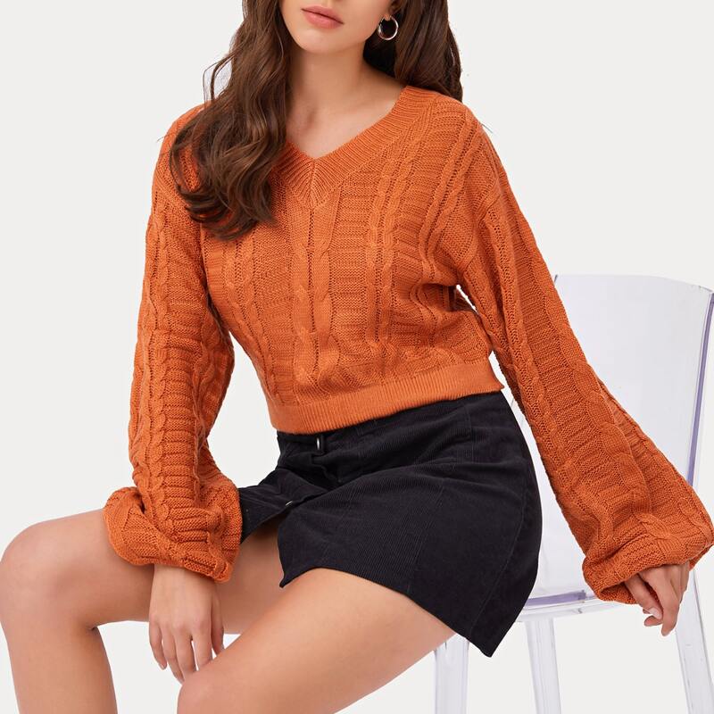 

Lantern Sleeve Cable Knit Crop Sweater, Orange