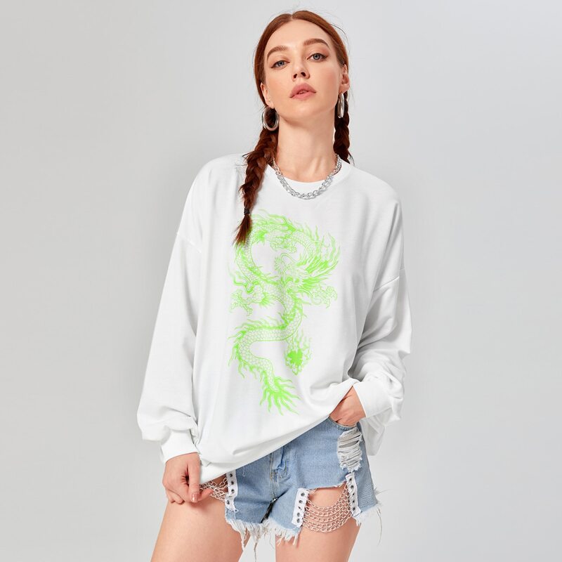 

Chinese Dragon Print Drop Shoulder Oversized Sweatshirt, White