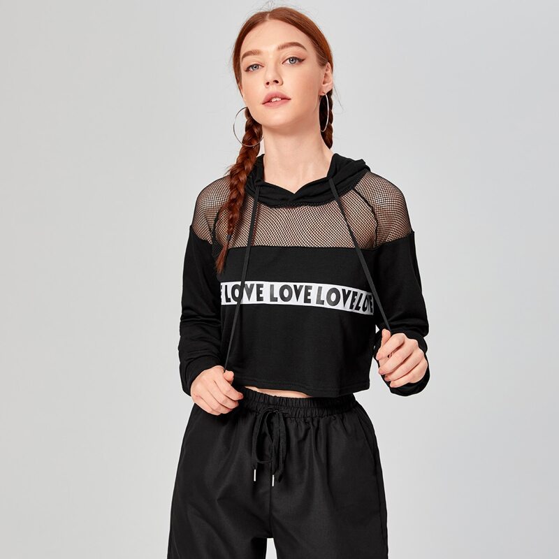

Letter Graphic Fishnet Mesh Panel Crop Hoodie, Black
