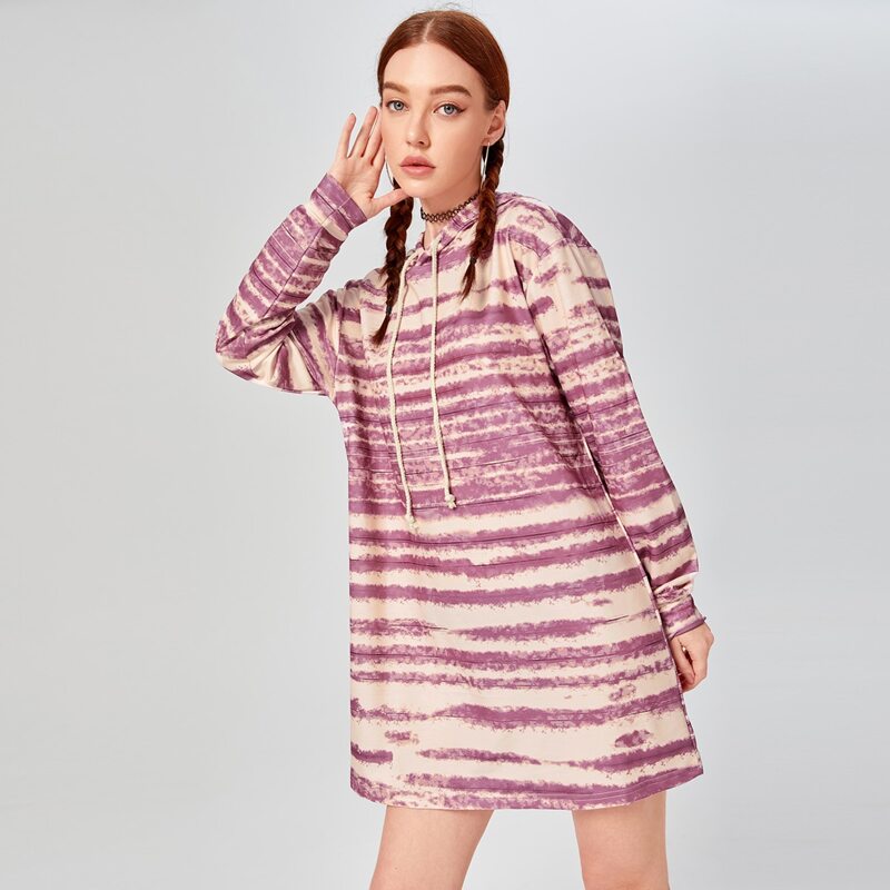 

Striped Print Tie Dye Drawstring Hoodie, Mauve purple