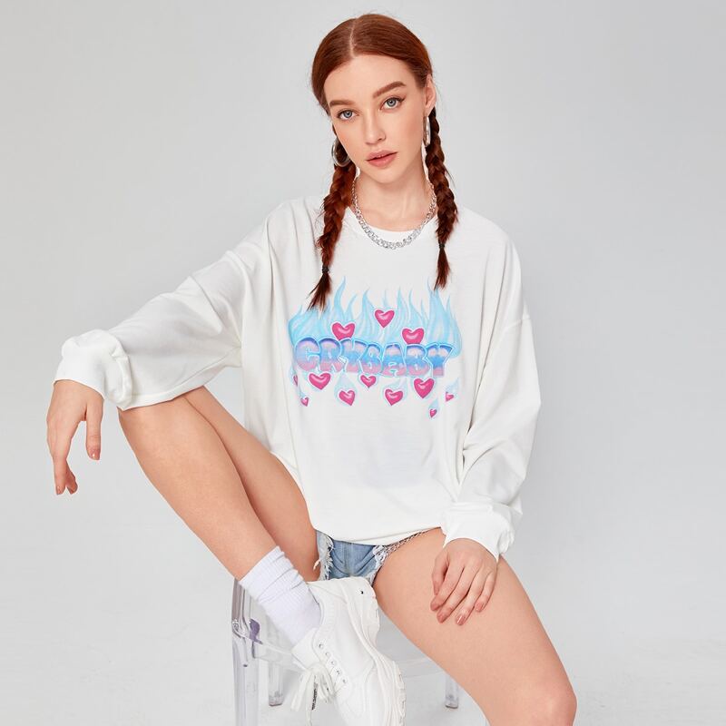 

Drop Shoulder Letter and Heart Print Pullover, White