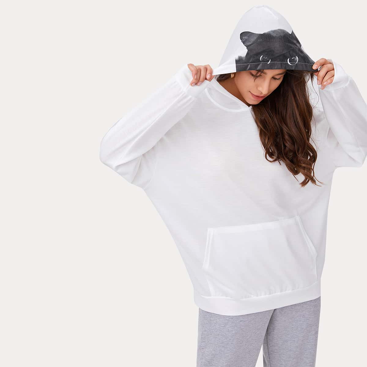

Drop Shoulder Cat Print Hooded Sweatshirt, White