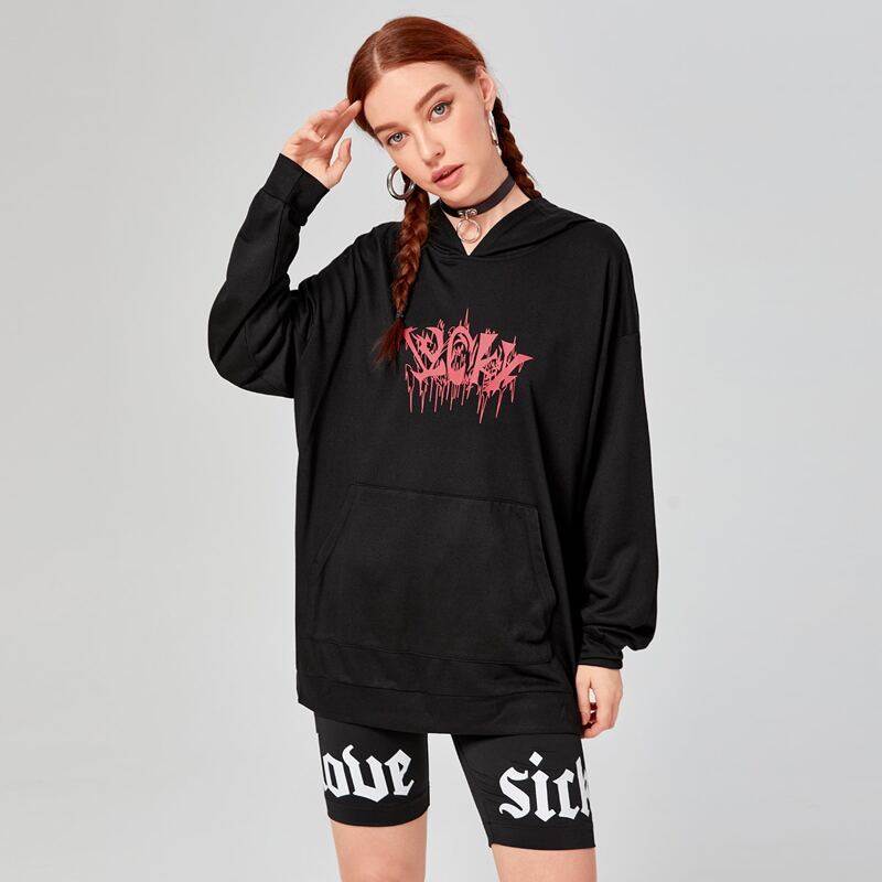 

Drop Shoulder Slant Pocket Letter Graphic Sweatshirt, Black