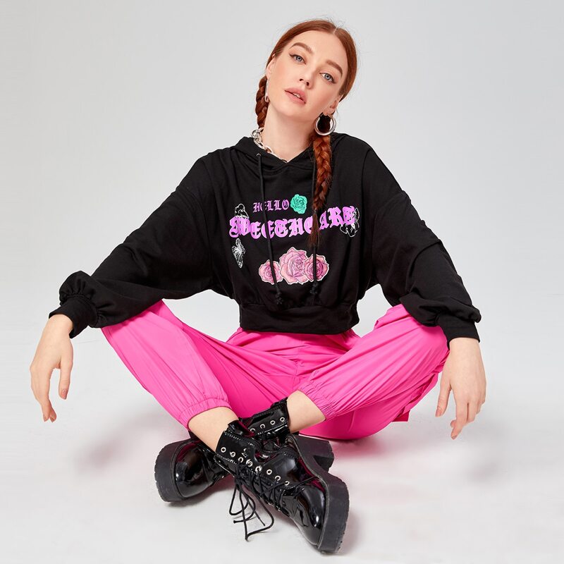 

Letter & Flower Print Drawstring Hoodie, Black