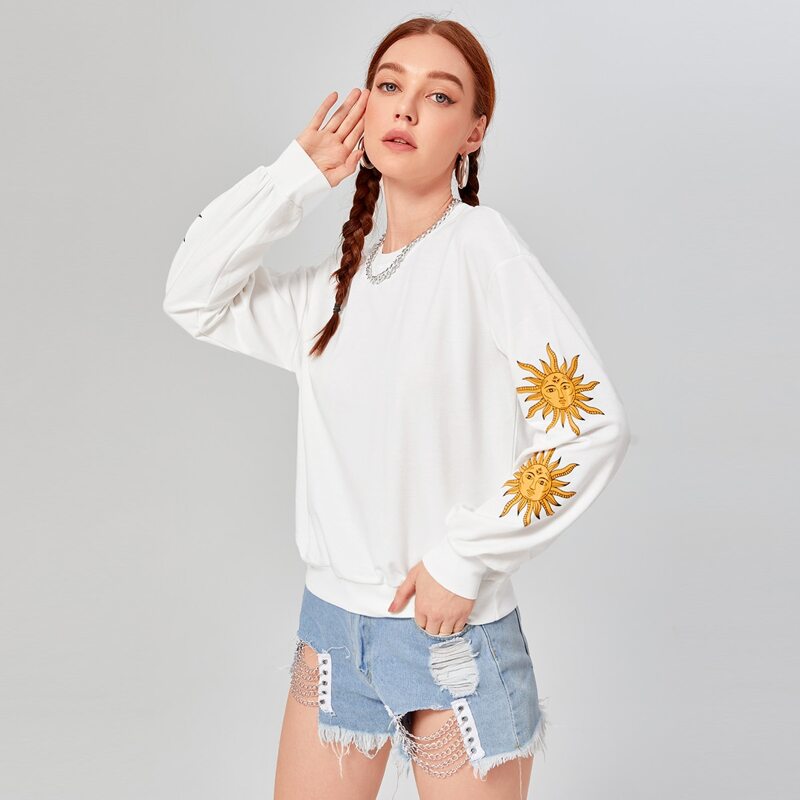 

Drop Shoulder Graphic Print Pullover, White
