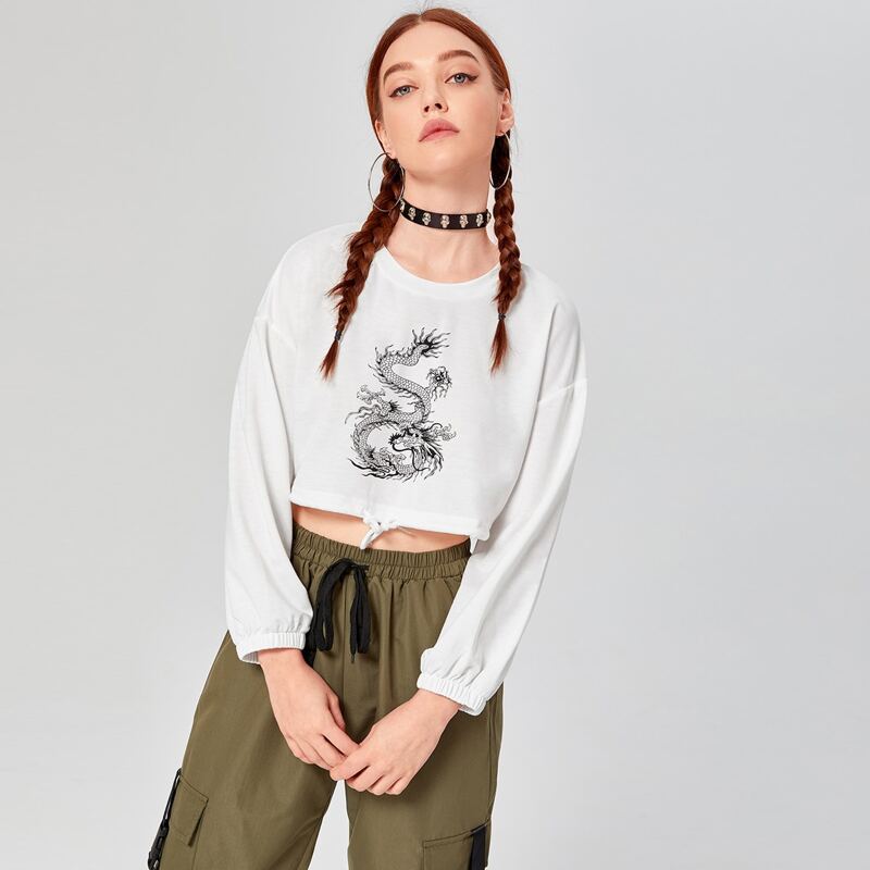 

Dragon Print Drawstring Hem Crop Sweatshirt, White