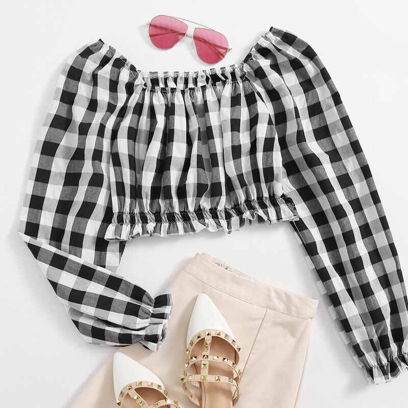 

Gingham Ruffle Hem Bardot Top, Black and white