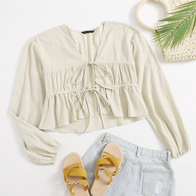 

Ruched Bust Tie Front Peplum Top, Apricot