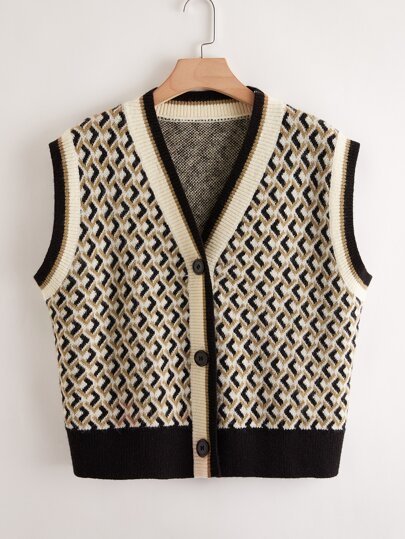 Plus Geo Pattern Button Front Cardigan Vest