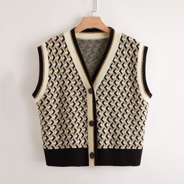

Plus Geo Pattern Button Front Cardigan Vest, Multicolor
