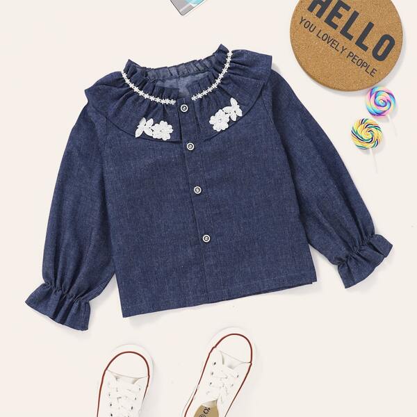 

Toddler Girls Guipure Lace Trim Denim Blouse, Dark wash