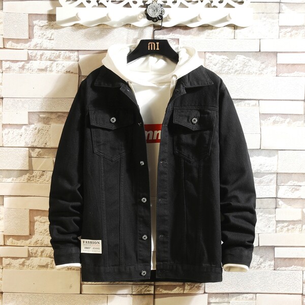 

Men Slogan Print Patched Denim Jacket Without Hoodie, Black