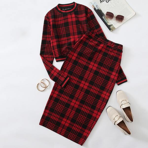 

Striped Trim Plaid Crop Top & Pencil Skirt Set, Red