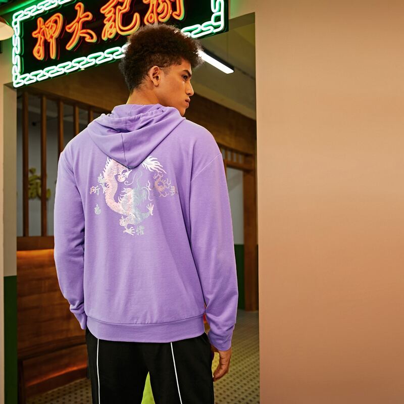 

Guys Chinese Reflective Dragon Graphic Drawstring Hoodie, Lilac purple