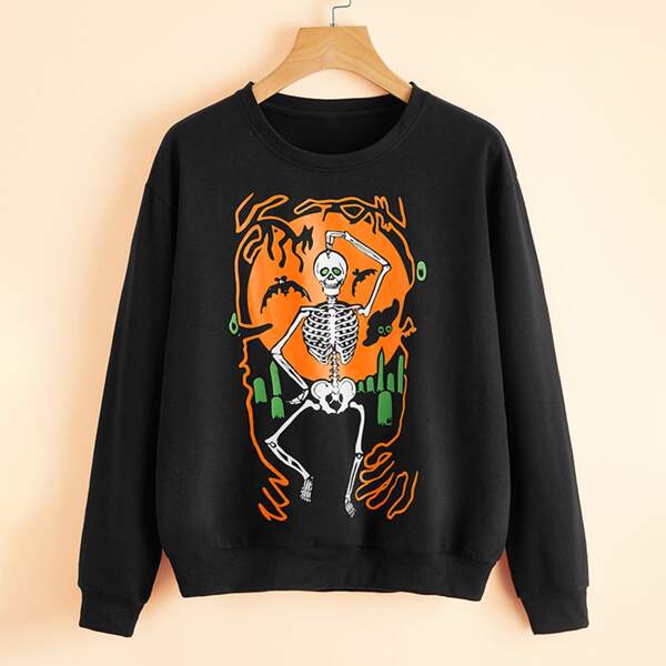 

Halloween & Skeleton Graphic Sweatshirt, Black