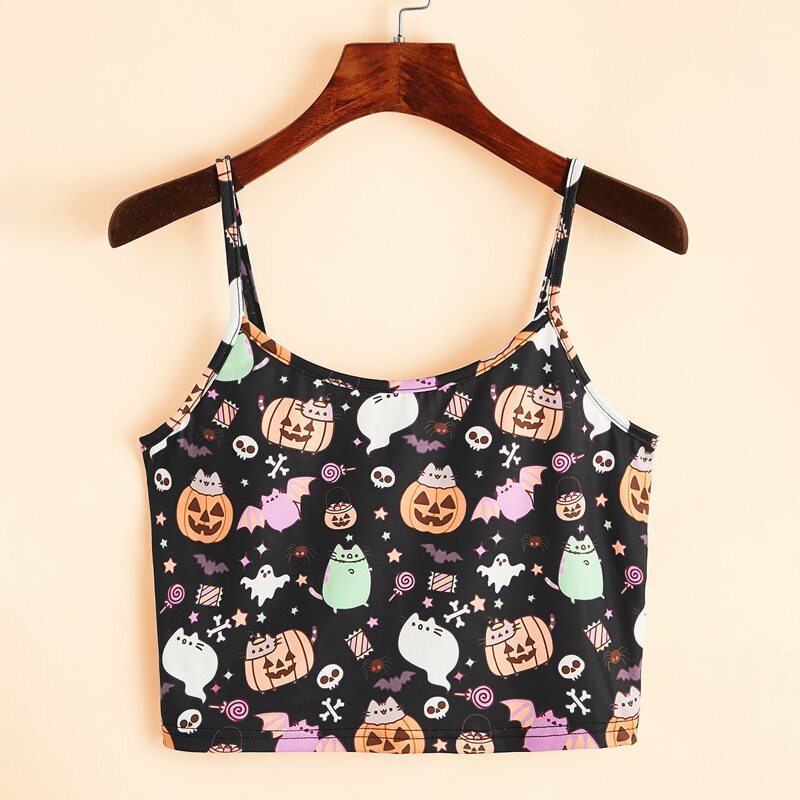 

Halloween Cartoon Graphic Crop Cami, Multicolor