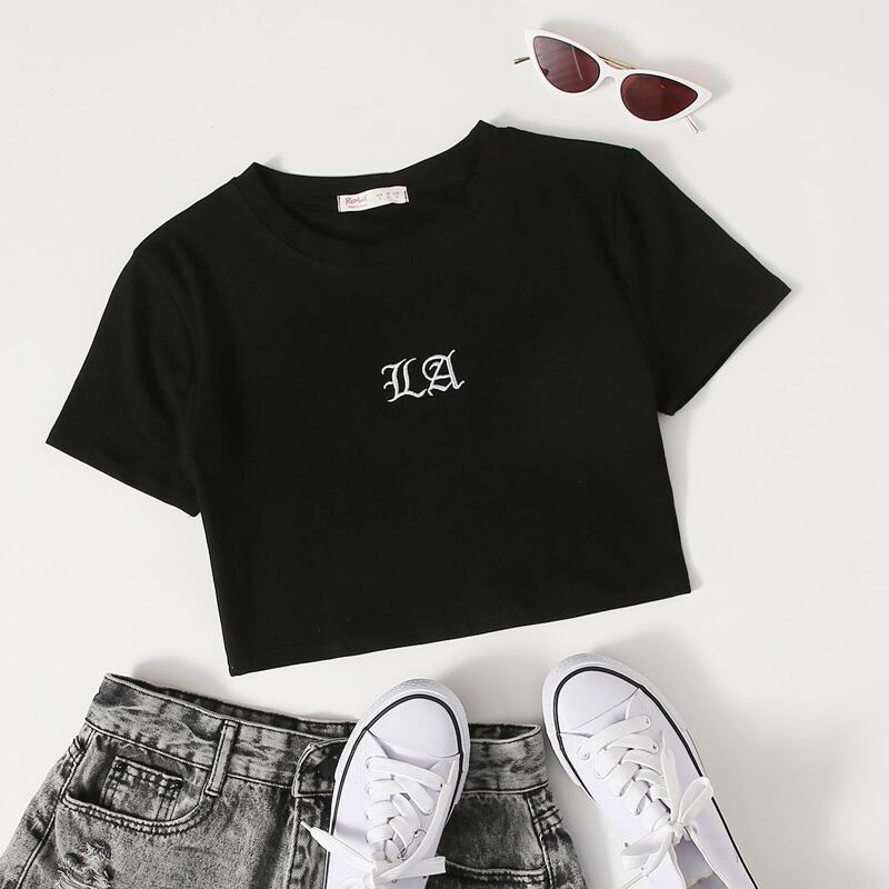 

Letter Embroidery Crop Tee, Black