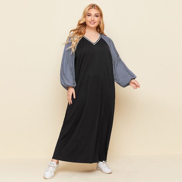 

Plus Striped Raglan Sleeve Tunic Dress, Black
