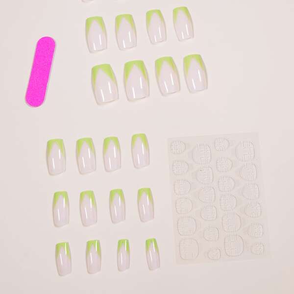

24pcs Two Tone False Nail & 1pc Nail File & 1pc Tape, Green