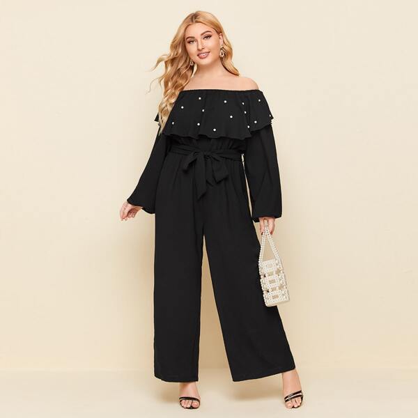 

Plus Pearls Foldover Bardot Belted Jumpsuit, Black