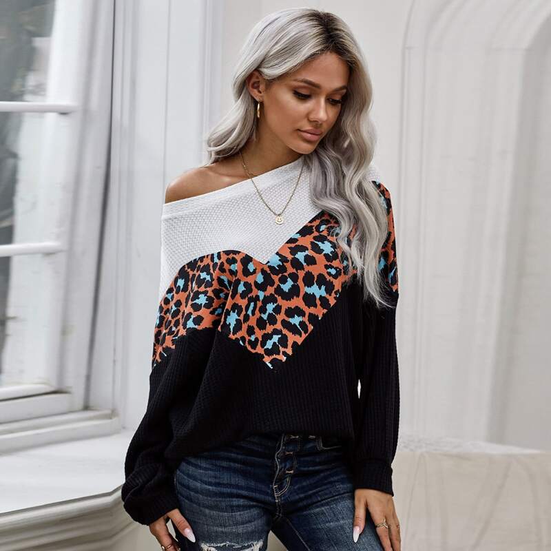 

Leopard Panel Waffle Knit Tee, Multicolor