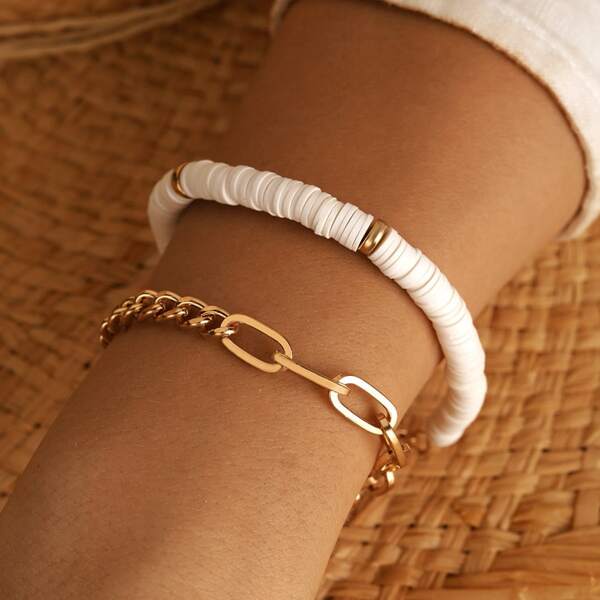 

2pcs Circle Bead Decor Bracelet, Gold