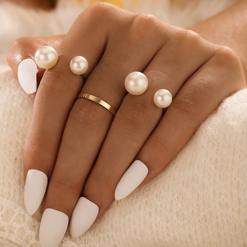 

3pcs Metal Faux Pearl Open & Flat Close Ring, Multicolor