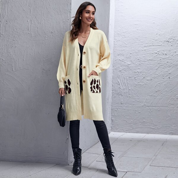 

Drop Shoulder Split Hem Cardigan, Apricot