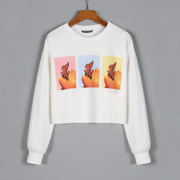 

Butterfly & Figure Graphic Crop Sweatshirt, White