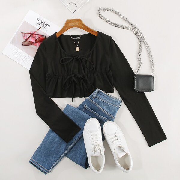 

Solid Tie Front Crop Top, Black