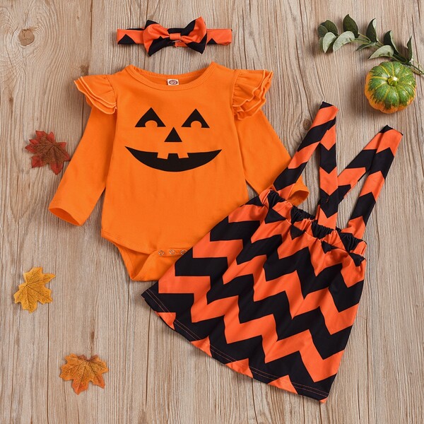 

Baby Girl Halloween Pumpkin Costume Bodysuit & Suspender Skirt & Headband, Orange