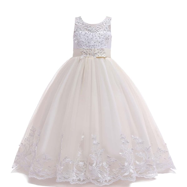 

Girls Guipure Lace Panel Rhinestone Bow Back Gown Dress, White
