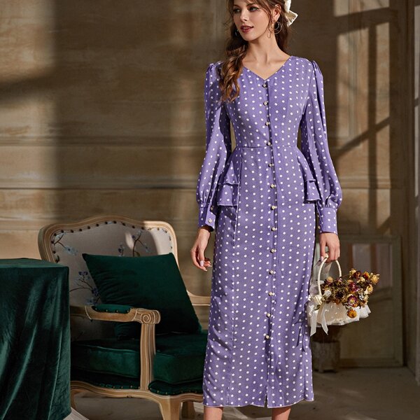 

Polka Dot Tiered Layer Pearls Button Fitted Dress, Violet purple