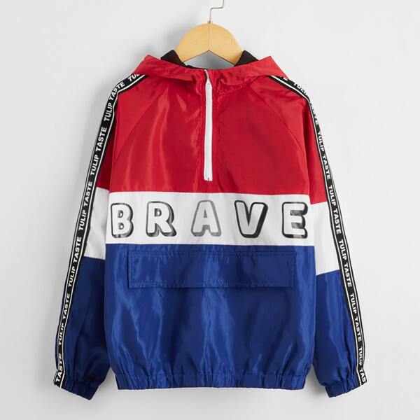 

Boys Tape Side Letter Graphic Colorblock Half Placket Hooded Jacket, Multicolor
