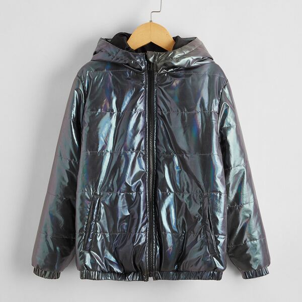 

Boys Zipper Placket Hooded Hologram Puffer Jacket, Multicolor
