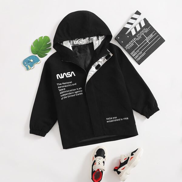 

Boys Slogan Graphic Zipper Placket Hooded Jacket, Black