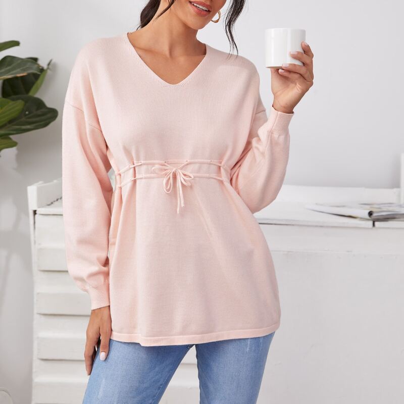 

V-neck Drawstring Drop Shoulder Sweater, Baby pink