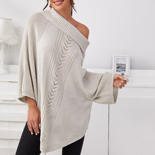 

Raglan Sleeve Curved Hem Sweater, Light grey