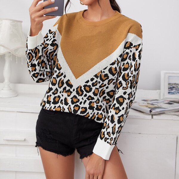 

Color-block Leopard Pattern Sweater, Multicolor