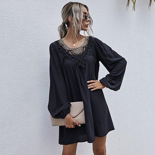 

Contrast Guipure Lace Bishop Sleeve Tunic Dress, Black