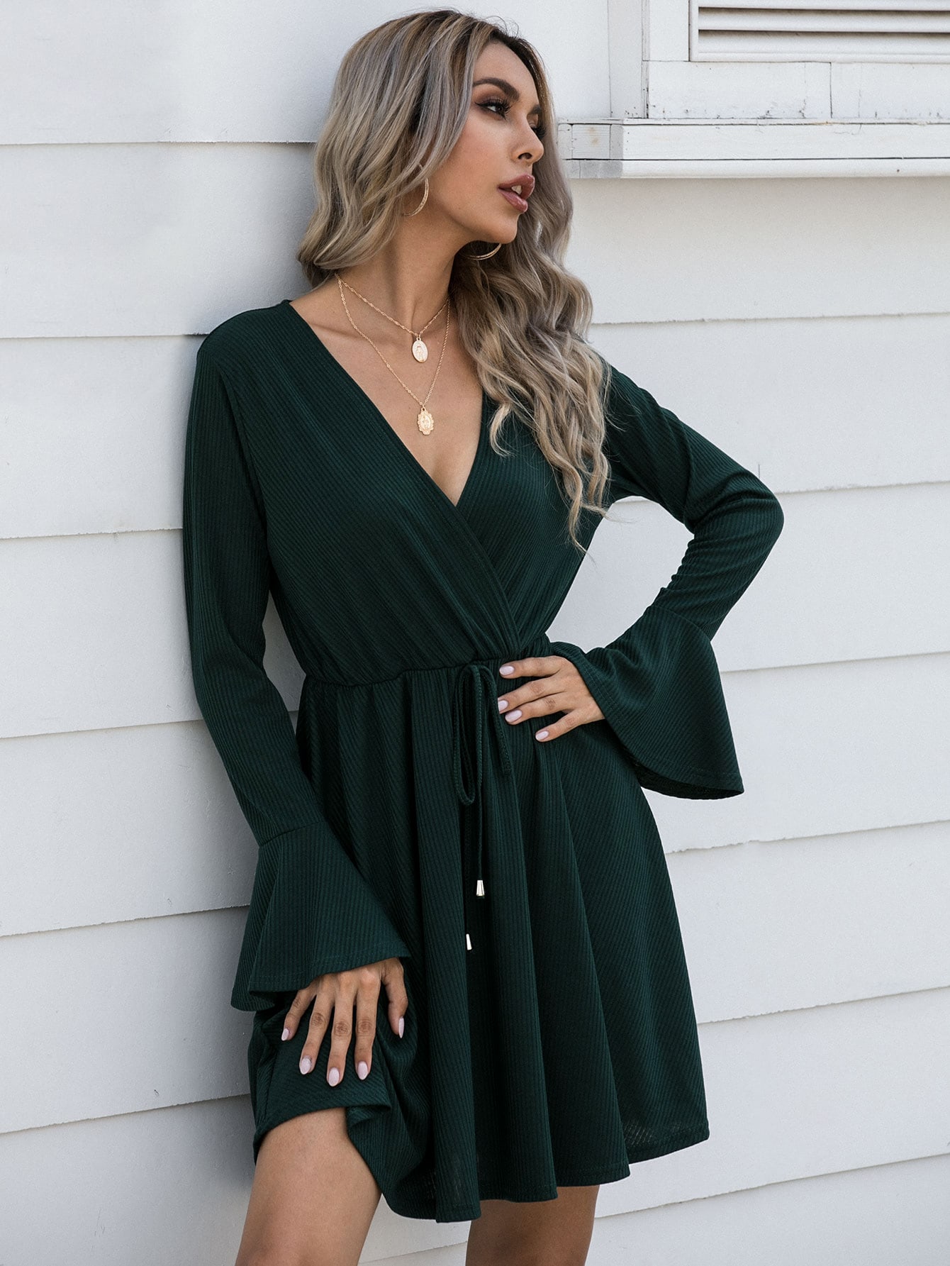 Ribbed Self-Tie Trumpet Sleeve Mini Dress thumbnail