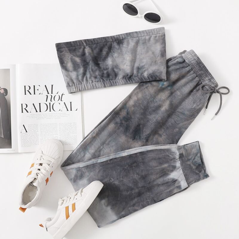 Tie Dye Tube Top & Sweatpants, Grey