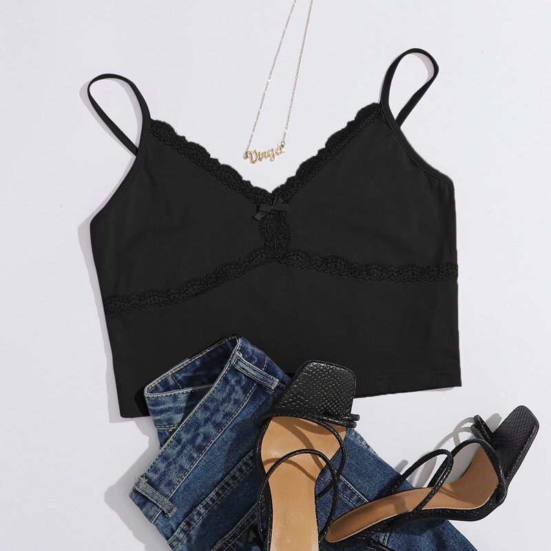 

Contrast Lace Crop Cami, Black