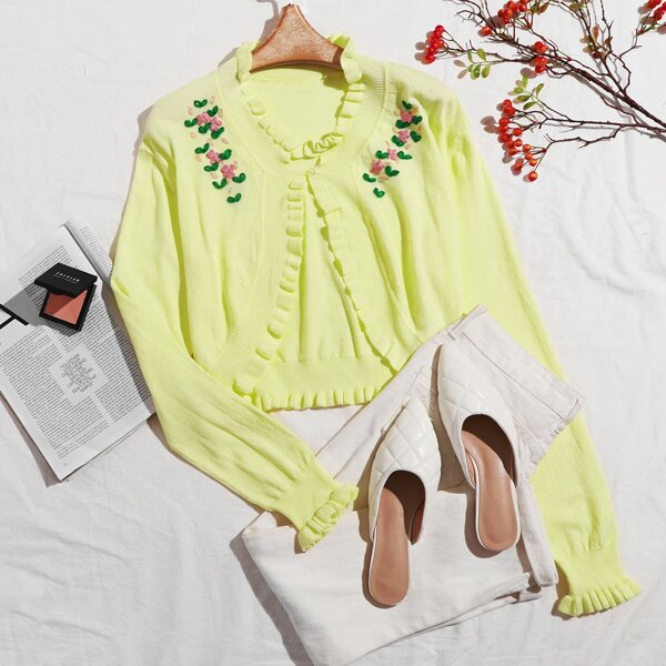 

Neon Yellow Single Button Floral Embroidery Cardigan, Yellow pastel