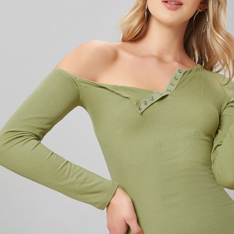 

Asymmetrical Neck Press Buttoned Front Bodycon Dress, Lime green