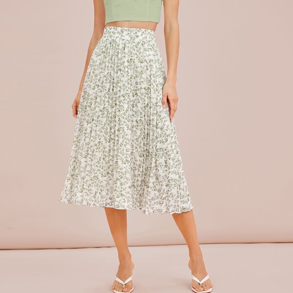 

Ditsy Floral Shirred Waist Pleated Skirt, Multicolor