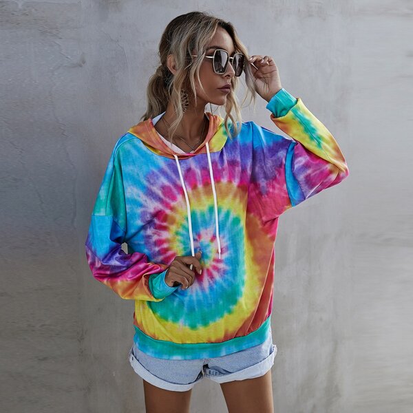 

Tie Dye Print Drop Shoulder Hoodie, Multicolor